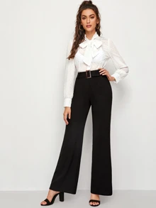 SHEIN Buckle Belted Solid Trousers - Black - View 3