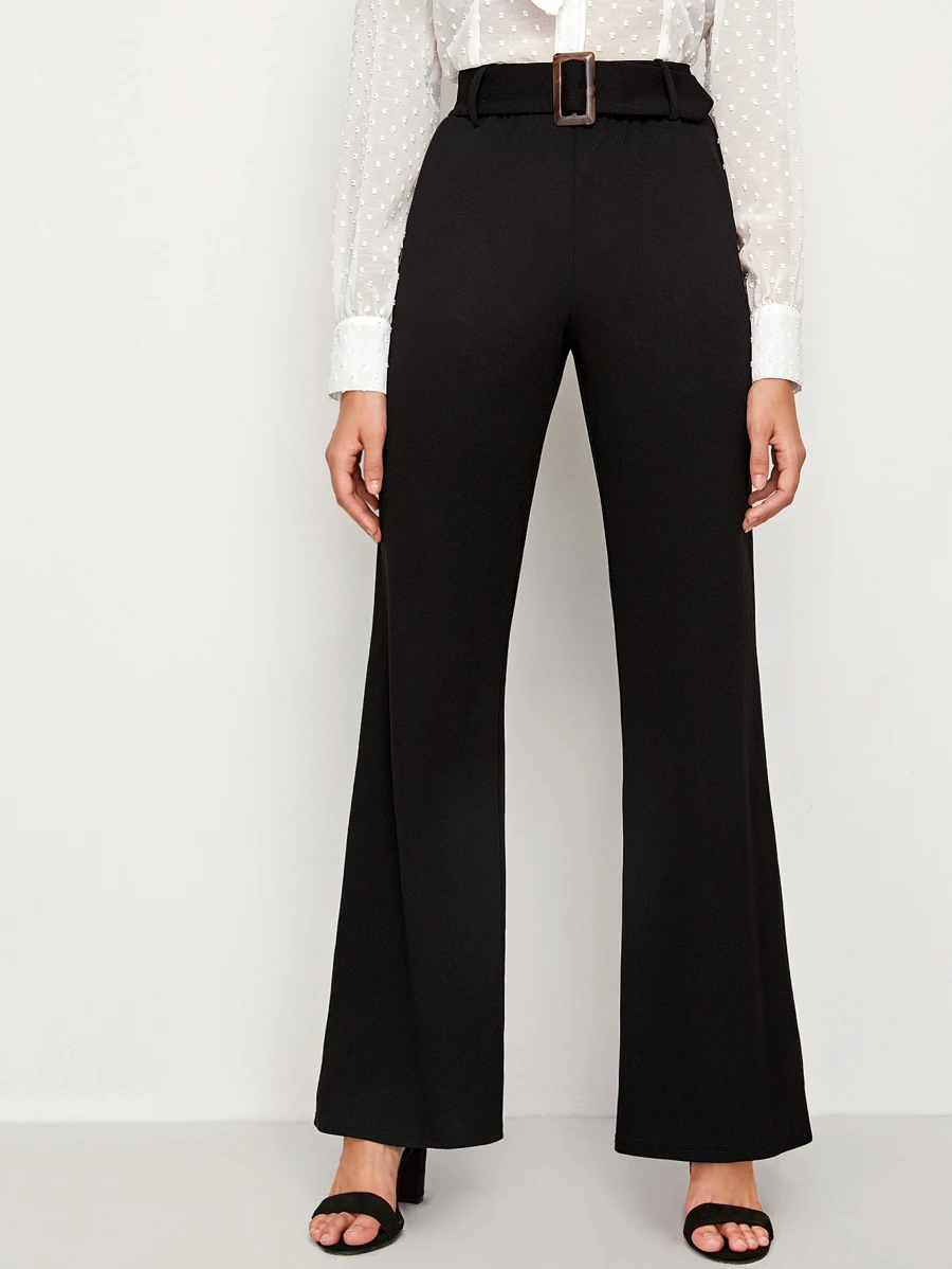 SHEIN Buckle Belted Solid Trousers - Black - View 1