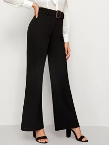 SHEIN Buckle Belted Solid Trousers - Black - View 4