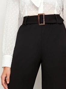 SHEIN Buckle Belted Solid Trousers - Black - View 5