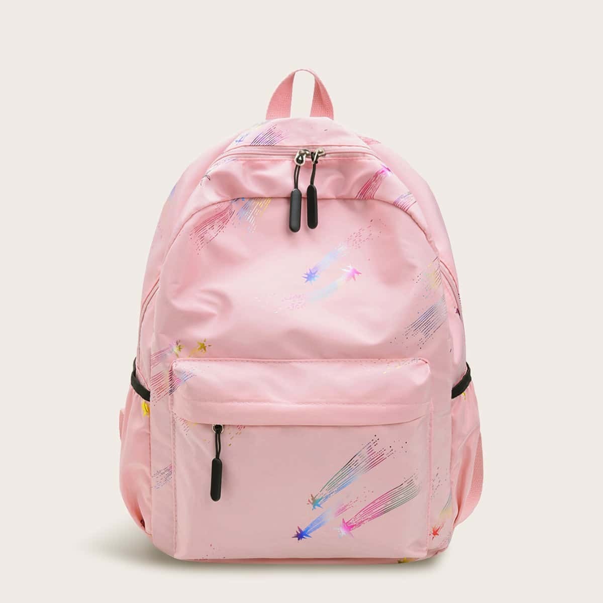 

Star Print Pocket Front Backpack, Pink