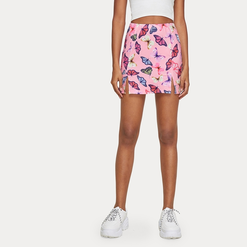 

Butterfly Print Split Front Skirt, Pink
