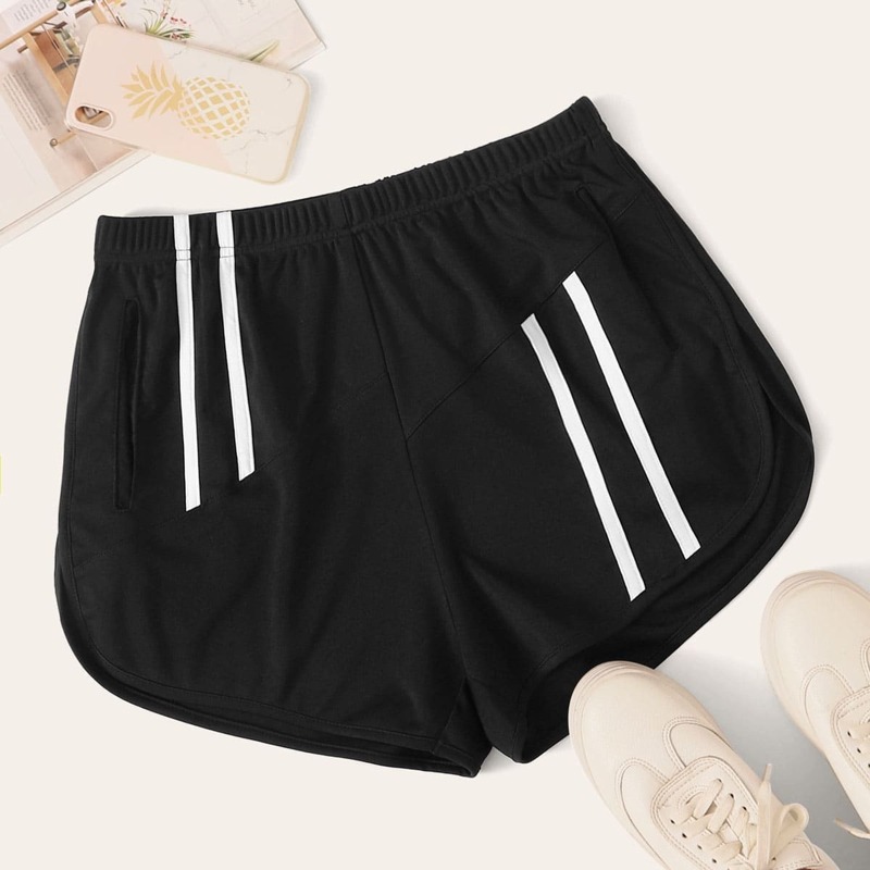

Striped Tape Panel Elastic Waist Track Shorts, Black