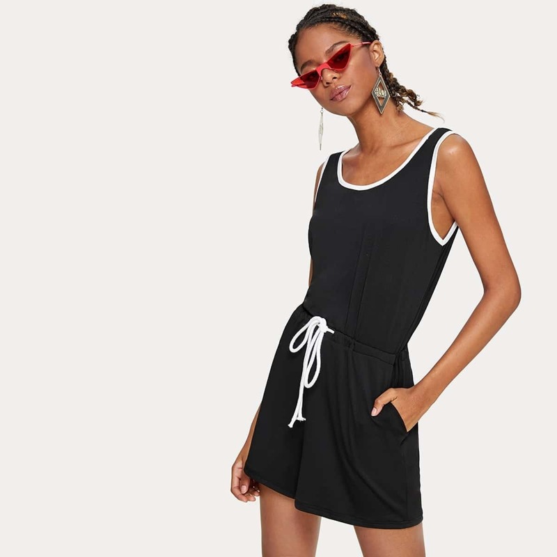 

Drawstring Waist Contrast Binding Tank Romper, Black