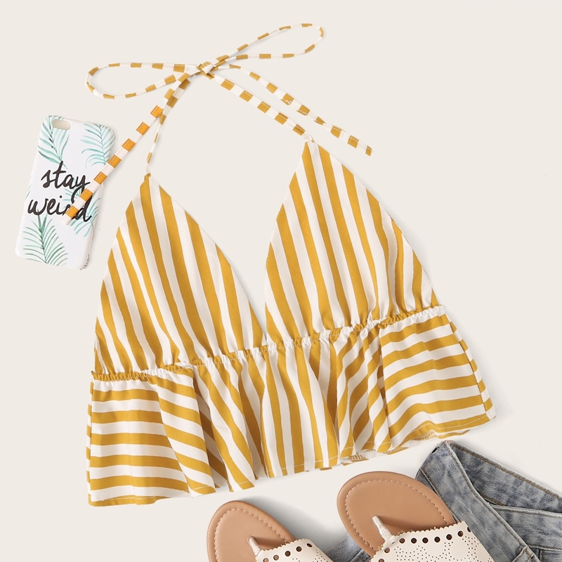 

Ruffle Hem Stripe Halter Top, Yellow