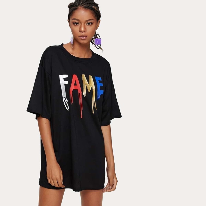 

Letter Print Drop Shoulder T-shirt Dress, Black