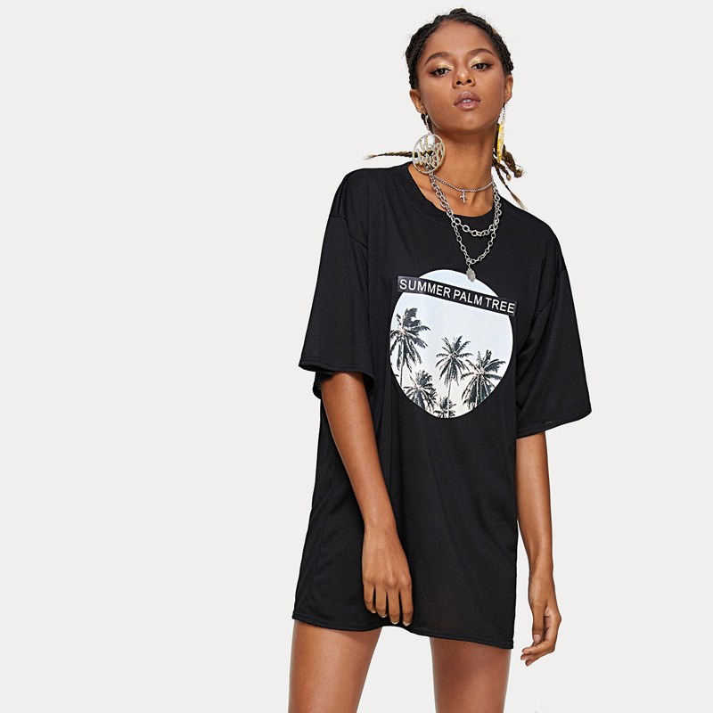 

Tropical & Letter Print Drop Shoulder T-shirt Dress, Black