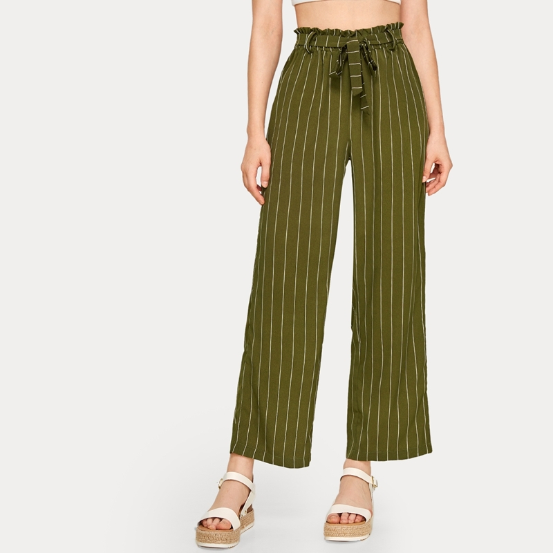 

Striped Belted Paperbag Pants, Army green