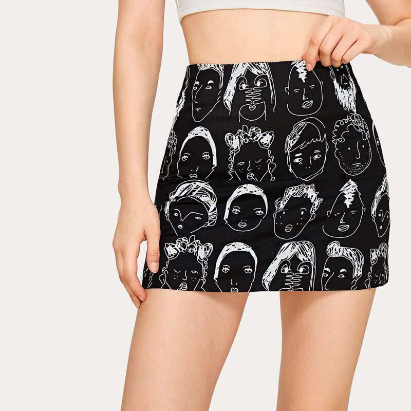 

Cartoon Print A-line Skirt, Black