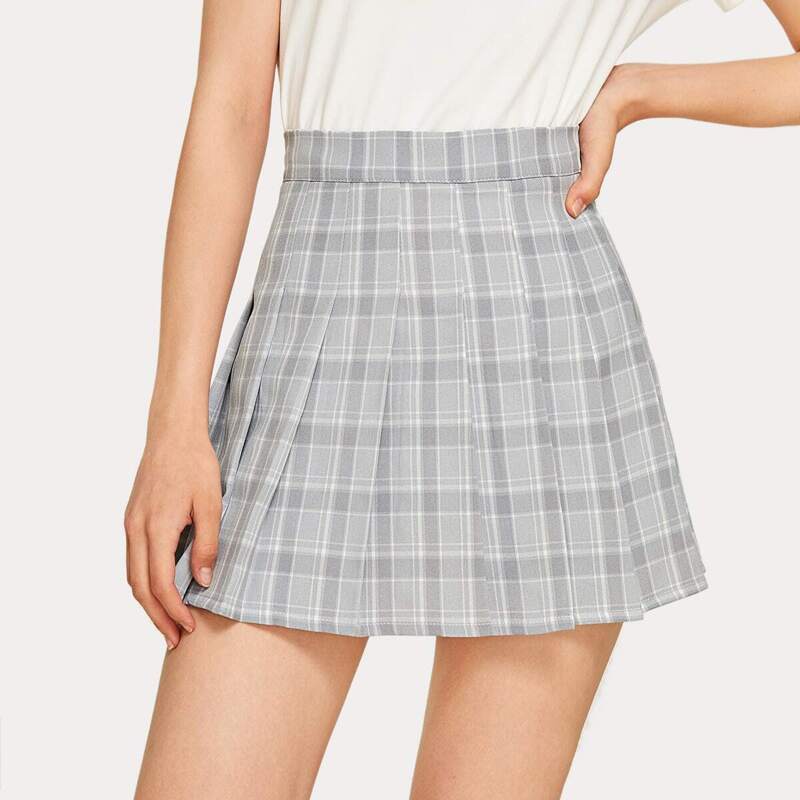 

Tartan Plaid Pleated Skirt, Grey