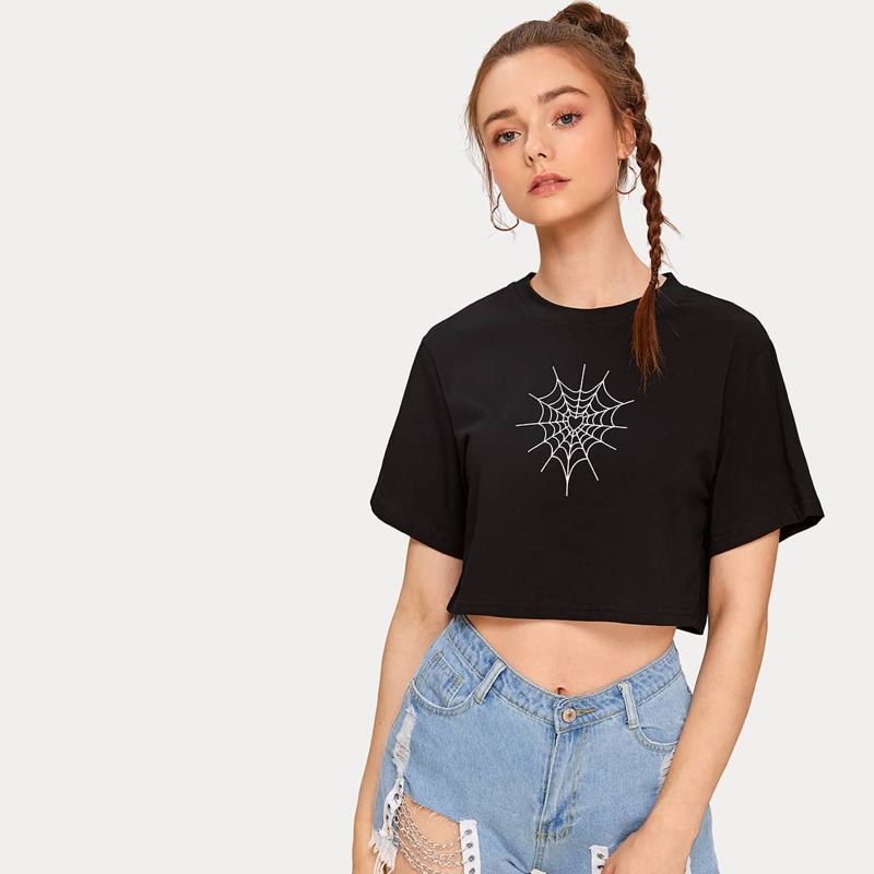 

Cobweb Print Crop Tee, Black