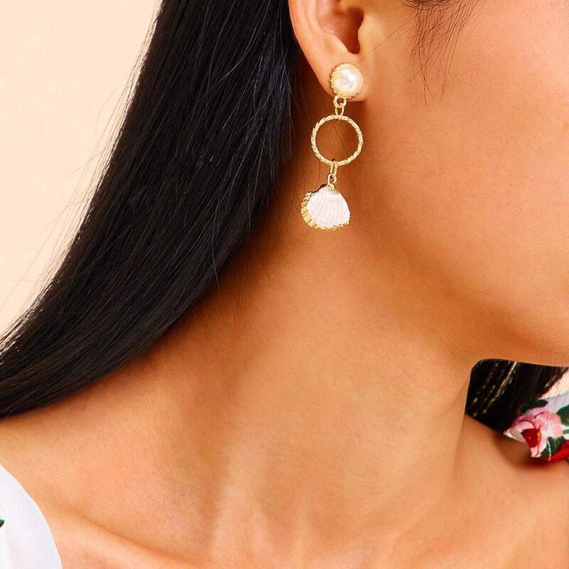 

Faux Pearl Decor Circle Shell Drop Earrings 1pair, White