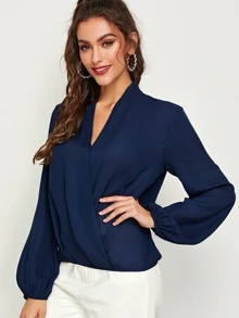 SHEIN V-neck Blouson Sleeve Wrap Top - Navy Blue - View 3