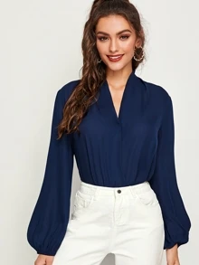 SHEIN V-neck Blouson Sleeve Wrap Top - Navy Blue - View 1