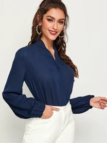 SHEIN V-neck Blouson Sleeve Wrap Top - Navy Blue - View 5