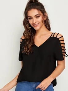 SHEIN LUNE V-Laddering Cutout Shoulder Top - màu đen - Xem 1