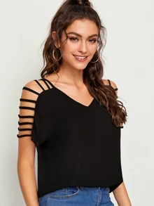 SHEIN LUNE V-Laddering Cutout Shoulder Top - màu đen - Xem 3