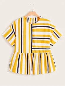 Plus Ruffle Hem Striped Drop Shoulder Blouse