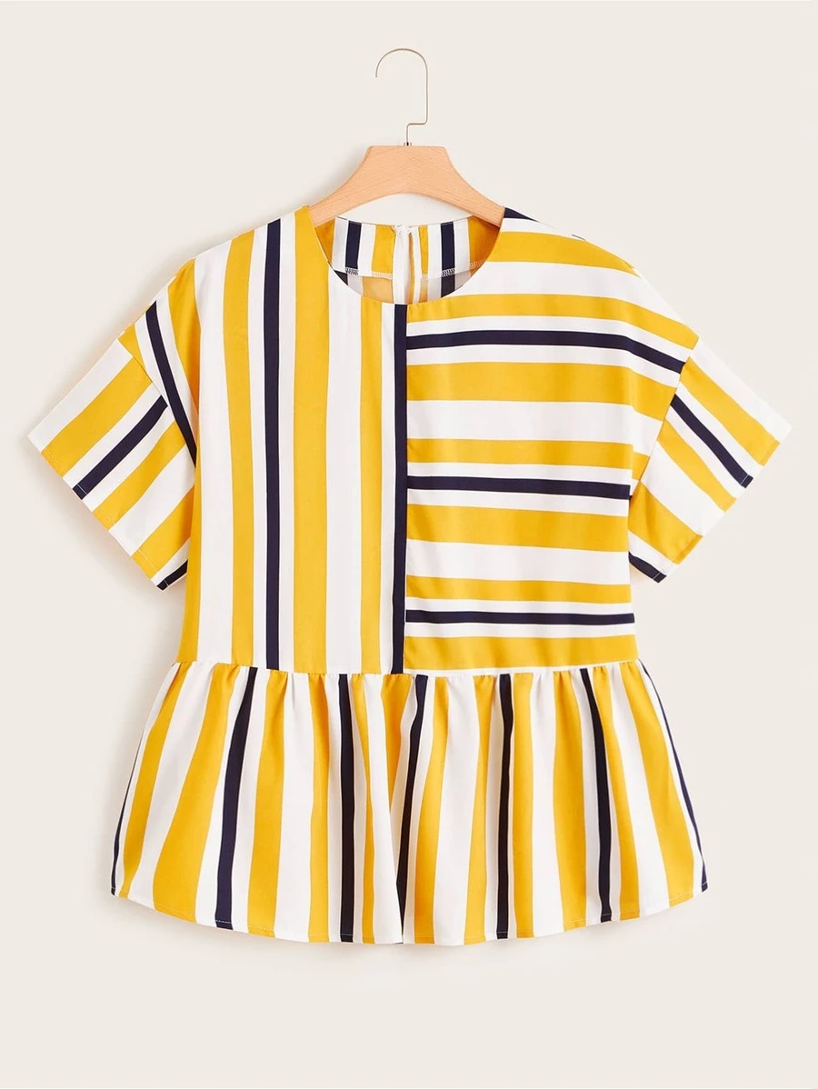 Plus Ruffle Hem Striped Drop Shoulder Blouse