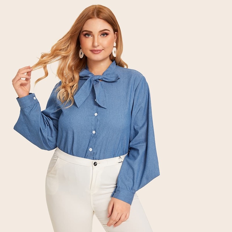 

Plus Button Front Tie Neck Denim Top, Blue