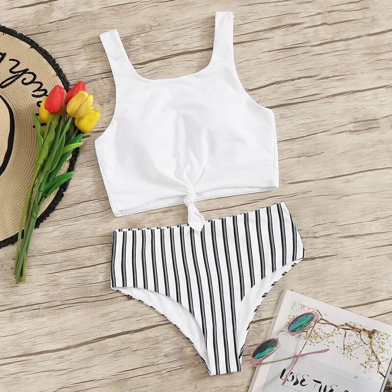 

Knot Hem Top With Striped Bikini Set, White