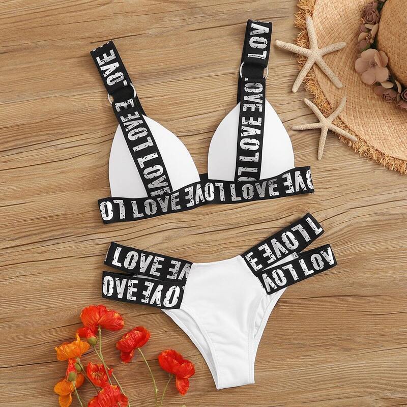 

Letter Print Top With Cut-out Bikini Set, White