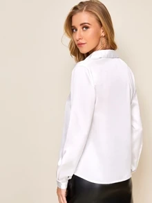 Chiquease Solid Button Front Satin Shirt - White - View 3
