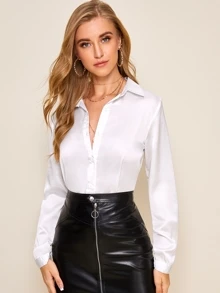 Chiquease Solid Button Front Satin Shirt - White - View 2