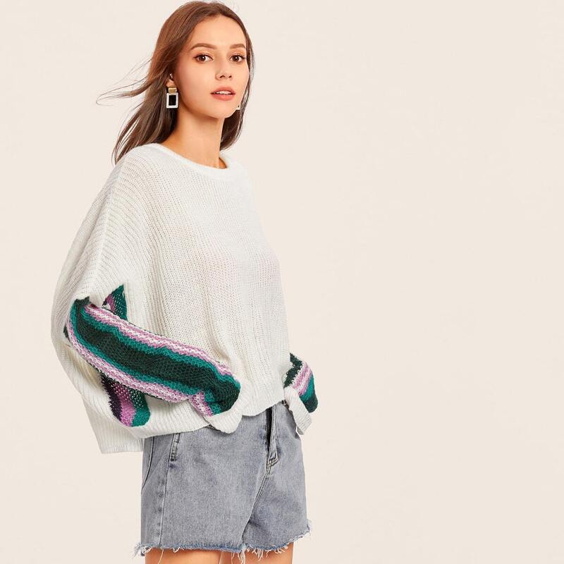 

Color-block Batwing Sleeve Sweater, White