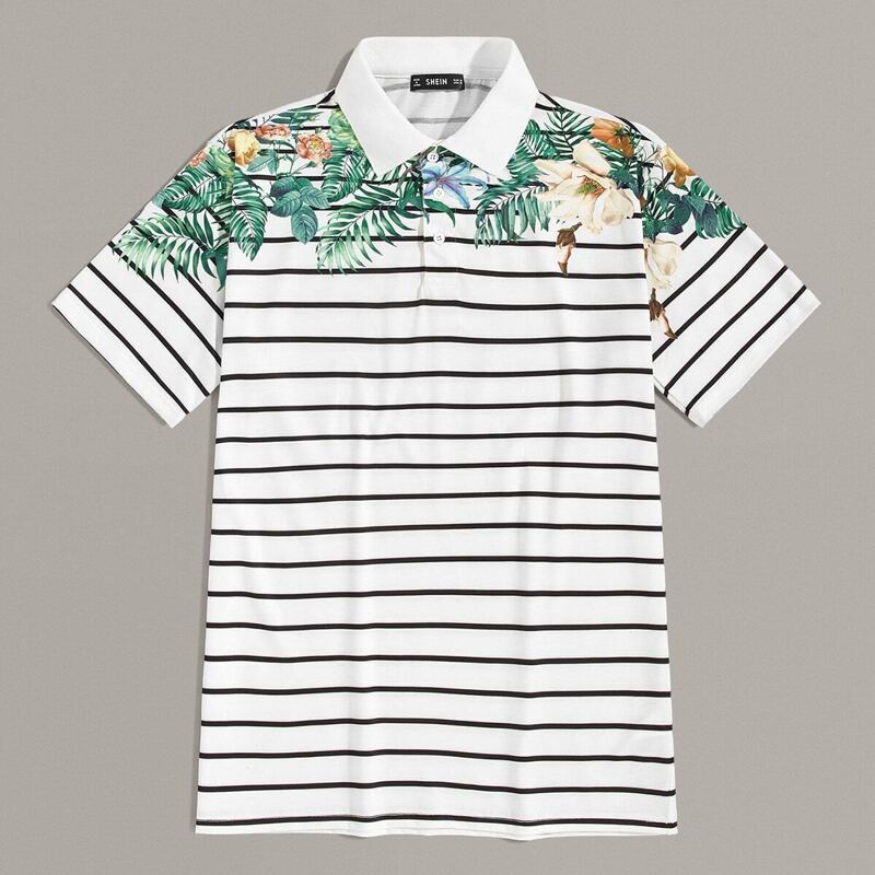 

Guys Botanical and Striped Polo Shirt, White