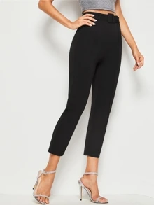 SHEIN Privé Buckle Belted Solid Cigarette Trousers - Black - View 3