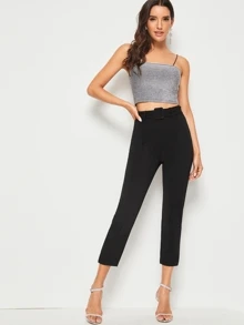 SHEIN Privé Buckle Belted Solid Cigarette Trousers - Black - View 4