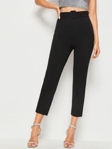 SHEIN Privé Buckle Belted Solid Cigarette Trousers - Black - View 1