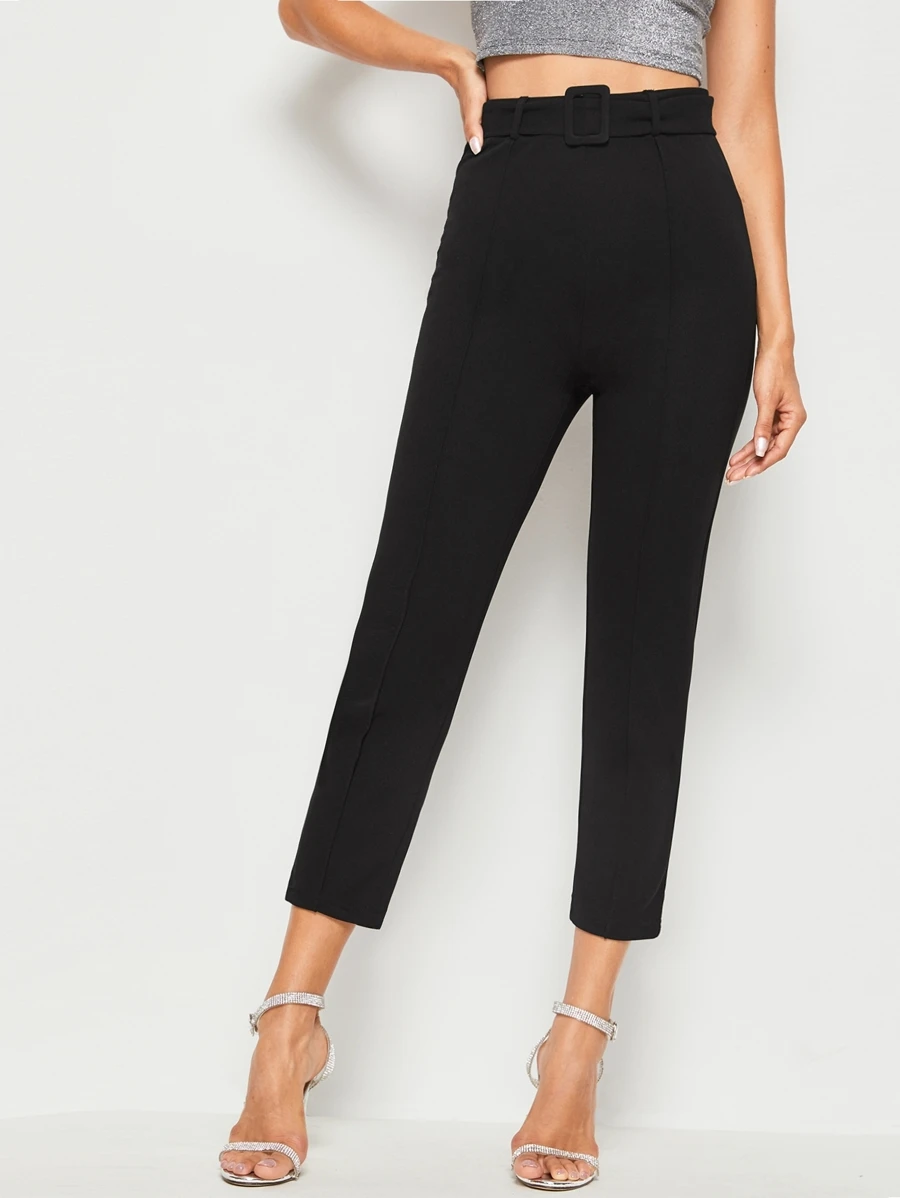 SHEIN Privé Buckle Belted Solid Cigarette Trousers - Black - View 1