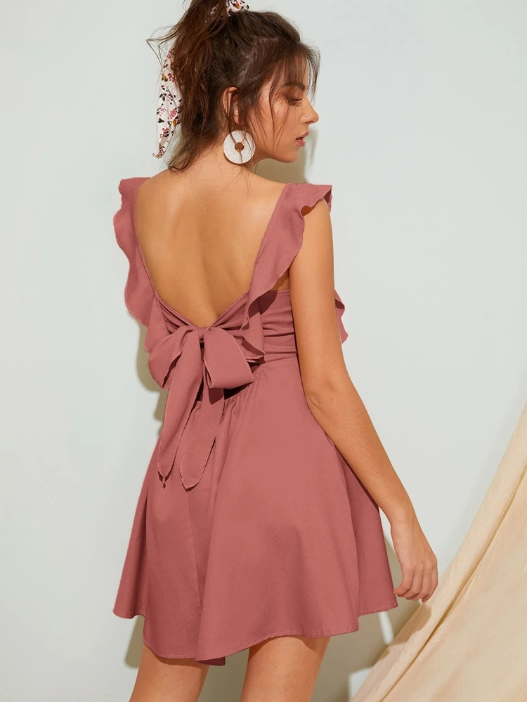 Solid Ruffle Trim Tie Back Dress 