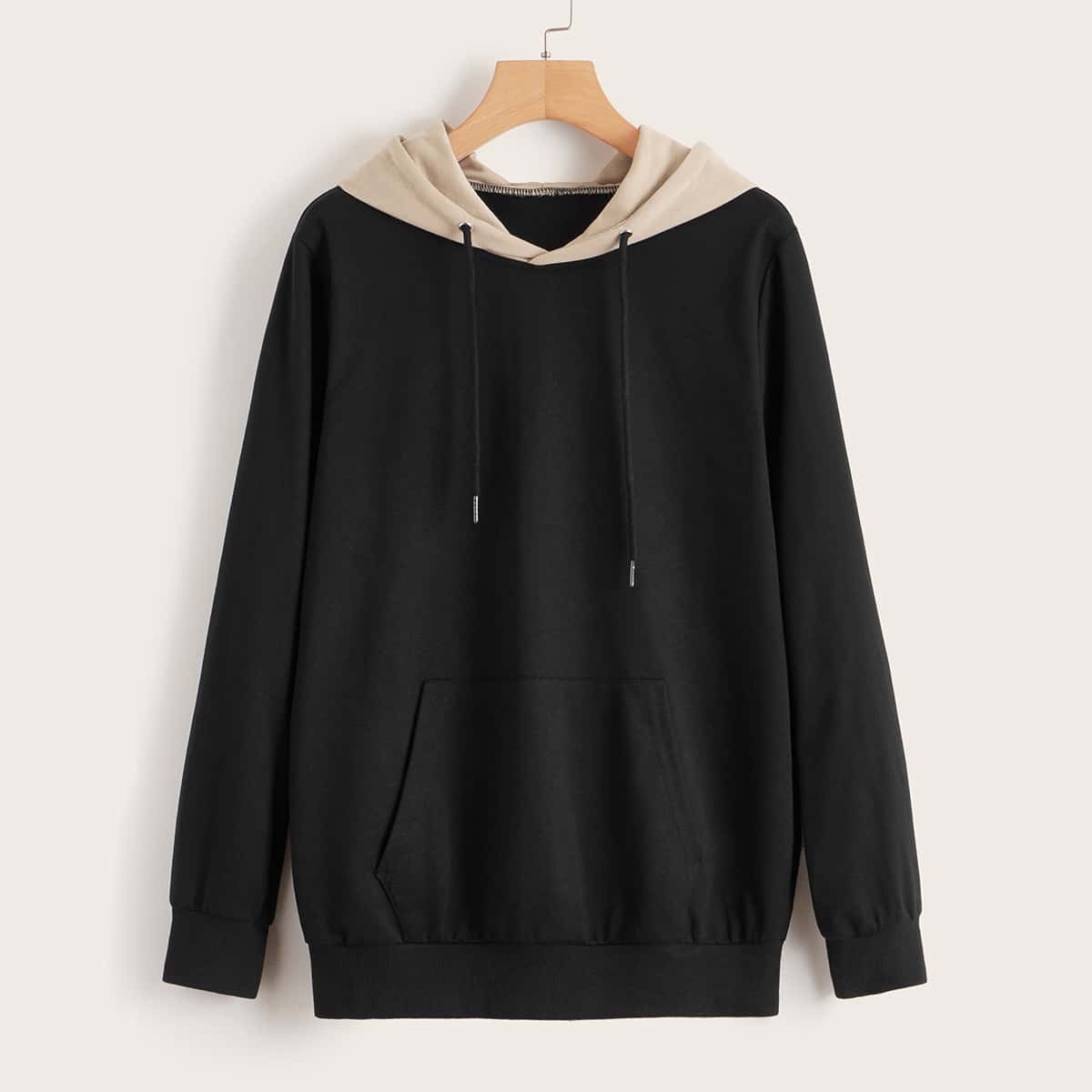 

Kangaroo Pocket Contrast Hooded Sweatshirt, Black