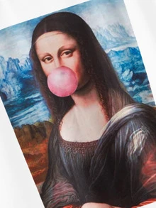 SHEIN Unity Bubblegum Mona Lisa Graphic Tee,Women Summer Tee - White - View 3