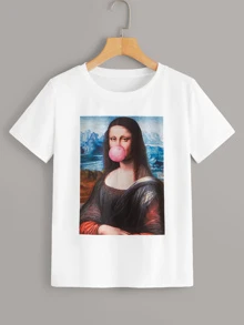 SHEIN Unity Bubblegum Mona Lisa Graphic Tee,Women Summer Tee - White - View 1