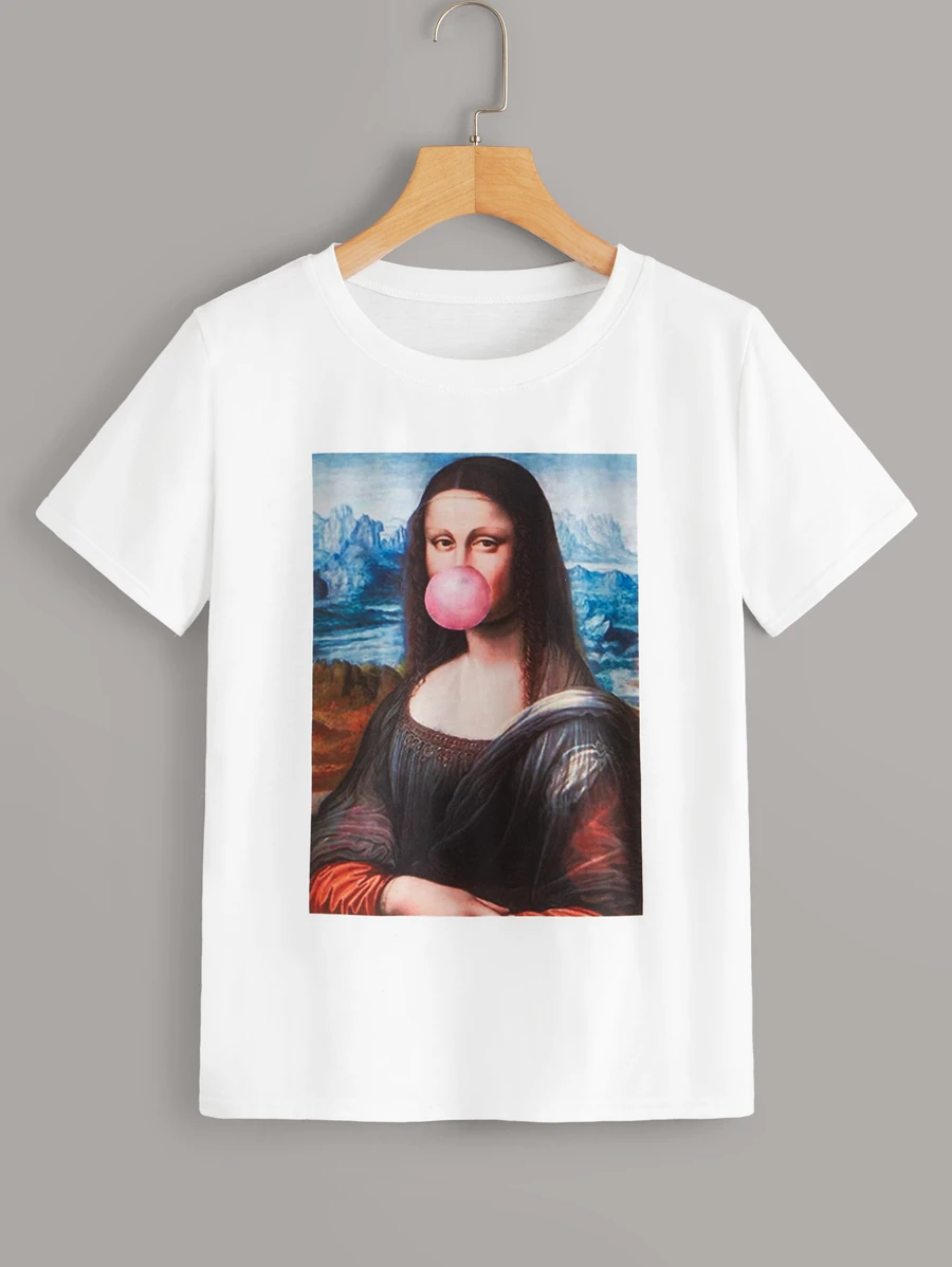 SHEIN Unity Bubblegum Mona Lisa Graphic Tee,Women Summer Tee - White - View 1