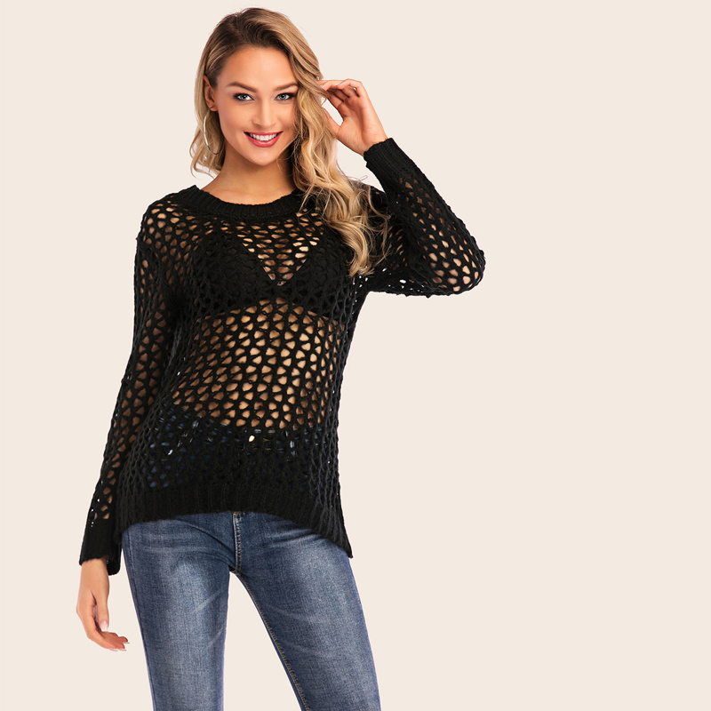 

Cut-out Sheer Solid Jumper, Black