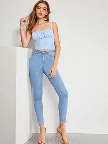 Top de tirante fruncido ribete en forma de lechuga - Celeste - Ver 3