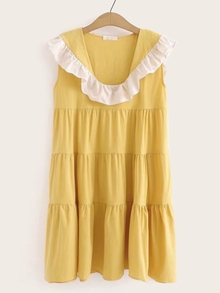 Contrast Ruffle Shift Smock Dress