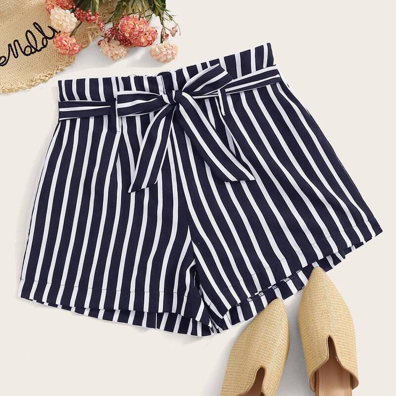

Striped Self Tie Shorts, Navy