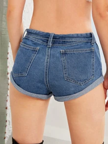 雙口袋捲邊下擺牛仔短褲 - 藍色 - 查看 2