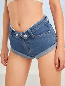 雙口袋捲邊下擺牛仔短褲 - 藍色 - 查看 4