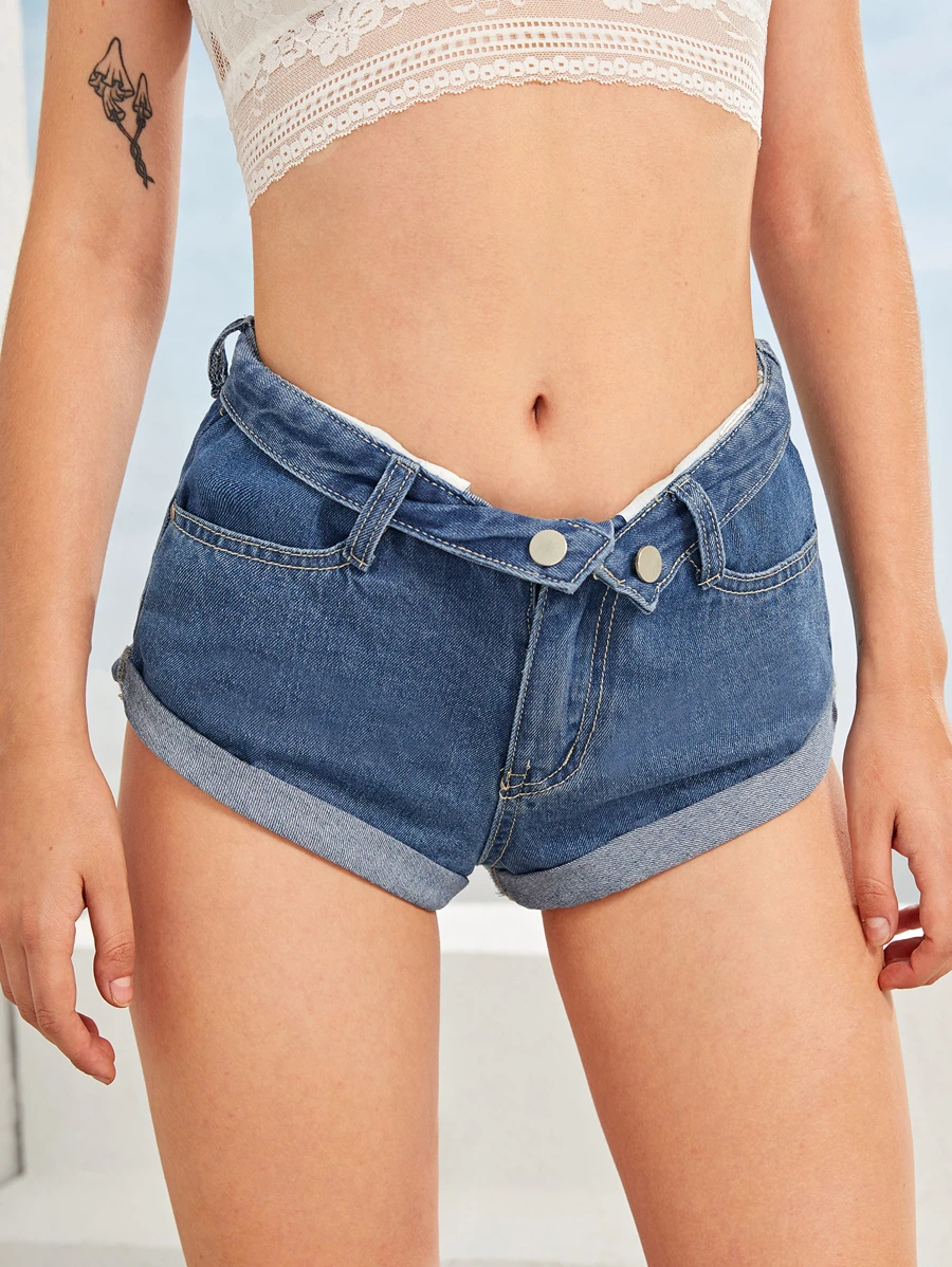 雙口袋捲邊下擺牛仔短褲 - 藍色 - 查看 1