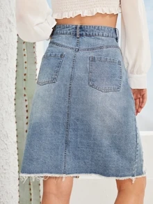 Ladder Distressed Raw Hem Slit Front Denim Skirt - Blue - View 2