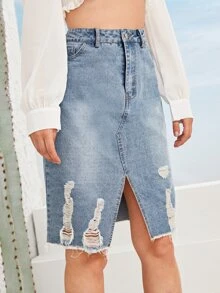 Ladder Distressed Raw Hem Slit Front Denim Skirt - Blue - View 5