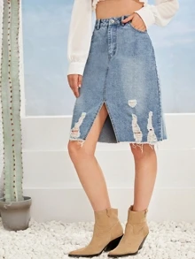 Ladder Distressed Raw Hem Slit Front Denim Skirt - Blue - View 4