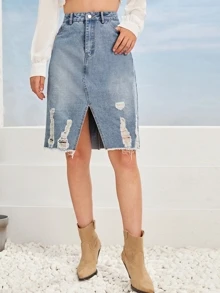 Ladder Distressed Raw Hem Slit Front Denim Skirt - Blue - View 1